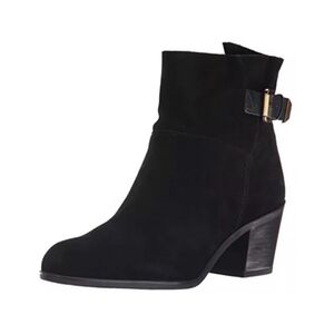 Franco Sarto Black Suede Leather Bootie Gold Buckle Sz 5.5